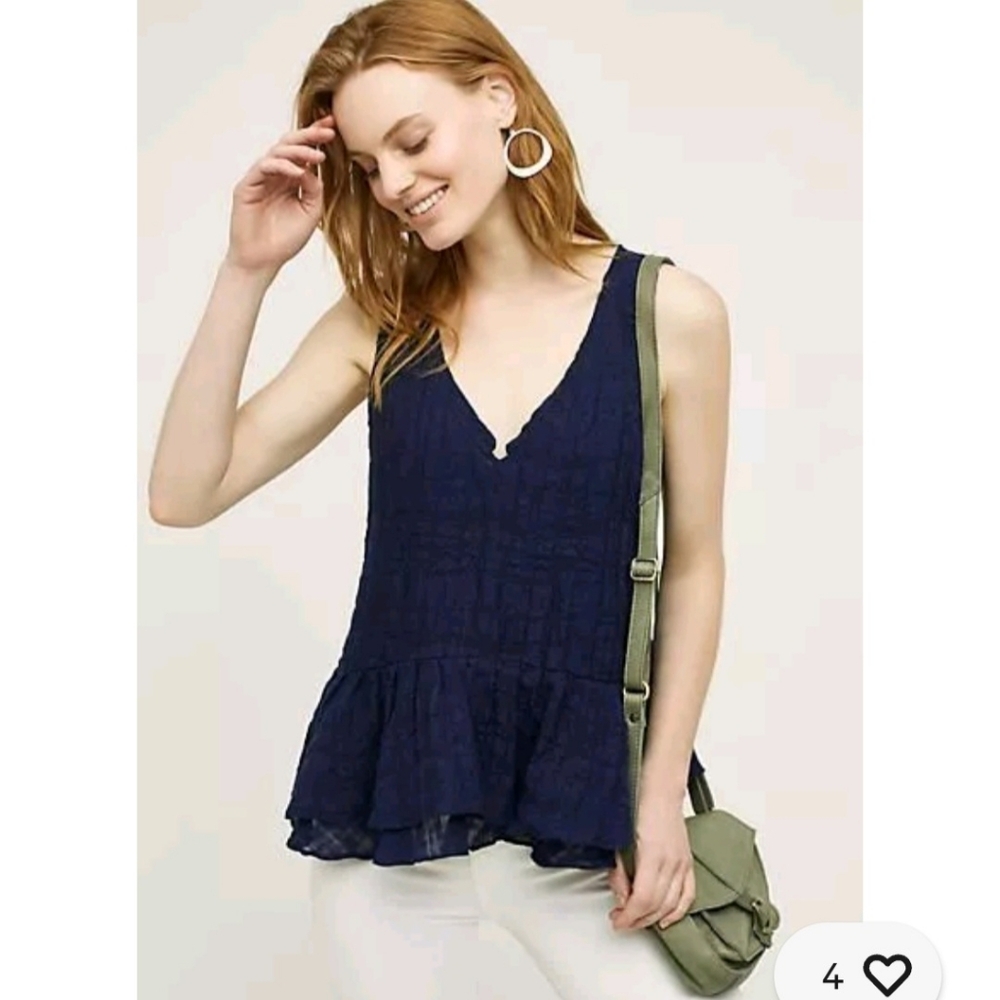 Anthropologie Vanessa Virginia Linen Fluttered Swing Tank Top Navy Blue 8